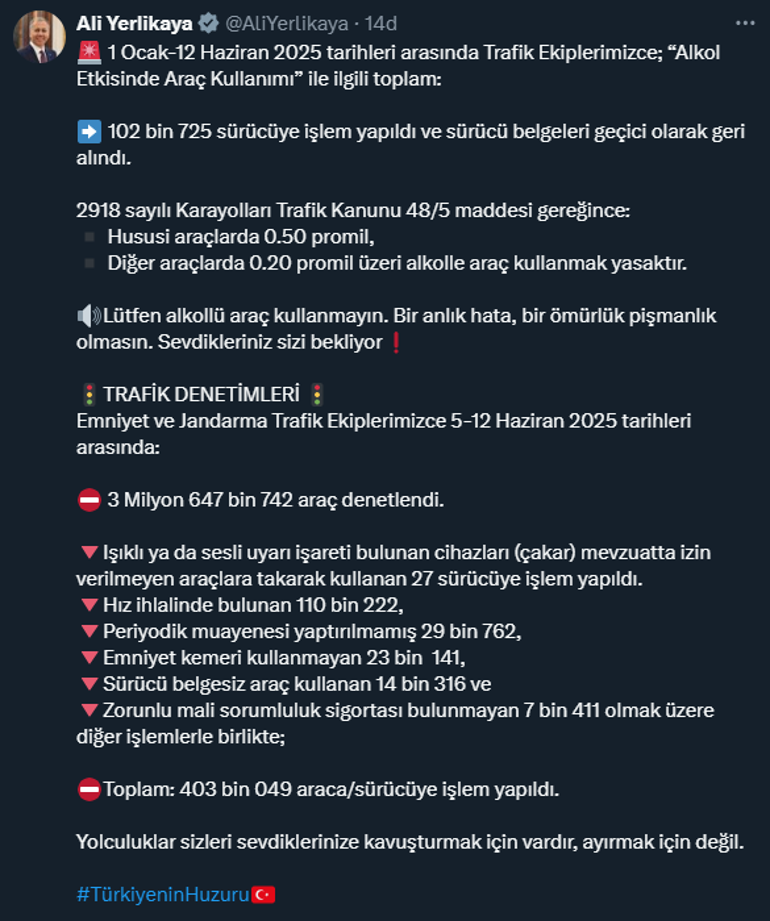 alkollu arac kullananlar yandi bakan yerlikaya 102 bin 725 sofore surec yapildi 0 JctkuhRs