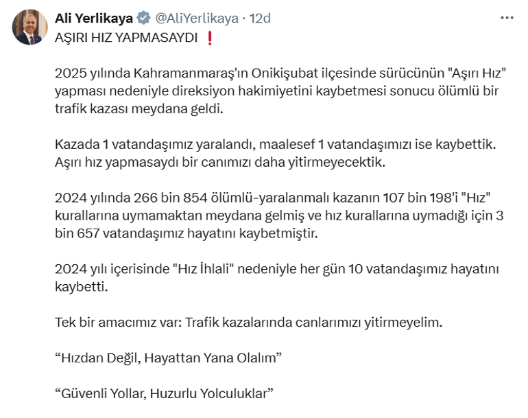 Bakan Yerlikaya'dan 'Aşırı hız yapmasaydı' paylaşımı 2 bakan yerlikayadan asiri hiz yapmasaydi paylasimi 0 2evTi9PV