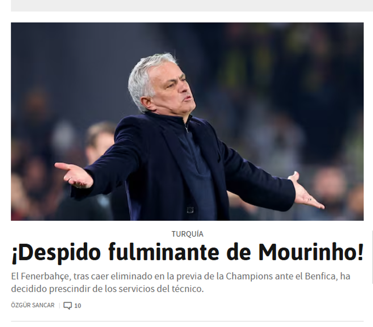 Dünya basınında Jose Mourinho ayrılığı gündem oldu: Artık 'Özel' olmayan teknik adamın batışı 5 dunya basininda jose mourinho ayriligi gundem oldu artik ozel olmayan teknik adamin batisi 3 B5UEiNsq