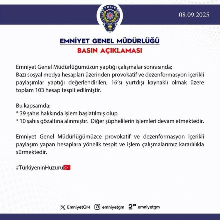 EGM açıkladı: Provokatif ve dezenformasyon içerikli paylaşımlara 10 gözaltı 2 egm acikladi provokatif ve dezenformasyon icerikli paylasimlara 10 gozalti 0 v8jUWrqP